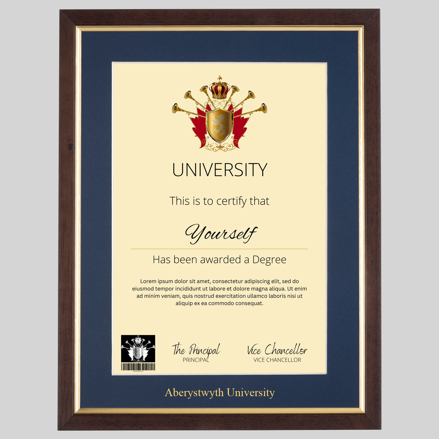 Aberystwyth University A4 graduation certificate Frame in Teak and Gold