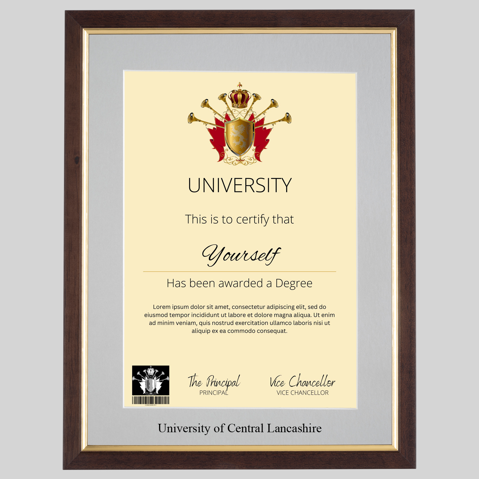 University of Central Lancashire A4 graduation certificate Frame in Teak and Gold