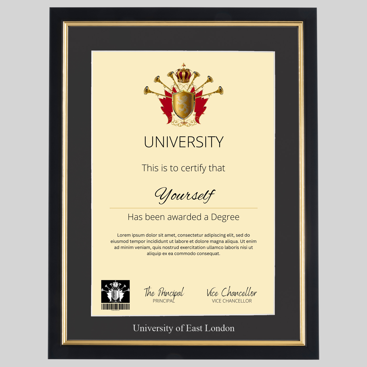eastlond-bg-1536x1536 University of East London A4 graduation certificate Frame in Black and Gold