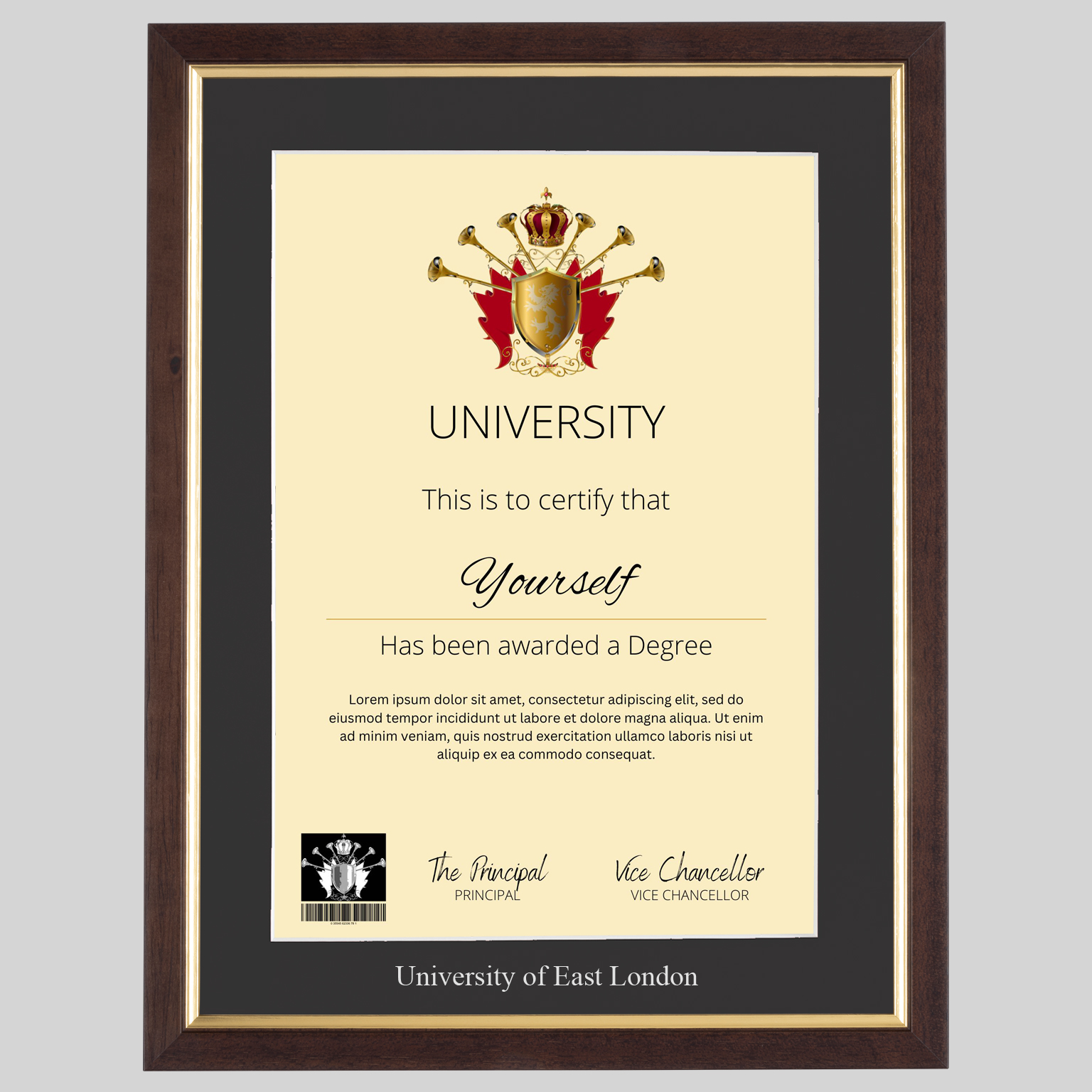 eastlond-tg-1536x1536 University of East London A4 graduation certificate Frame in Teak and Gold