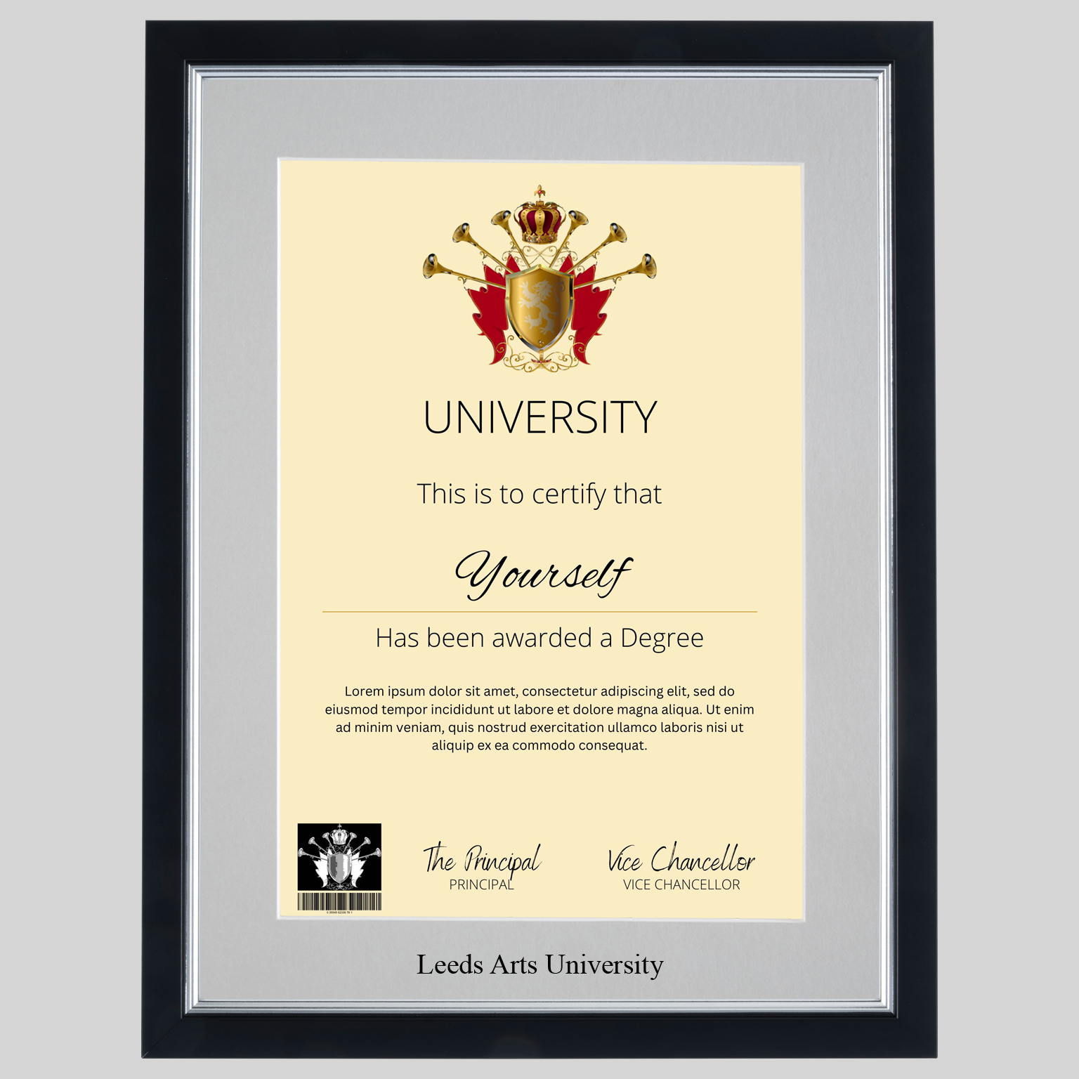 ldsart-bs-1536x1536 Leeds Arts University A4 graduation certificate Frame in Black and Silver