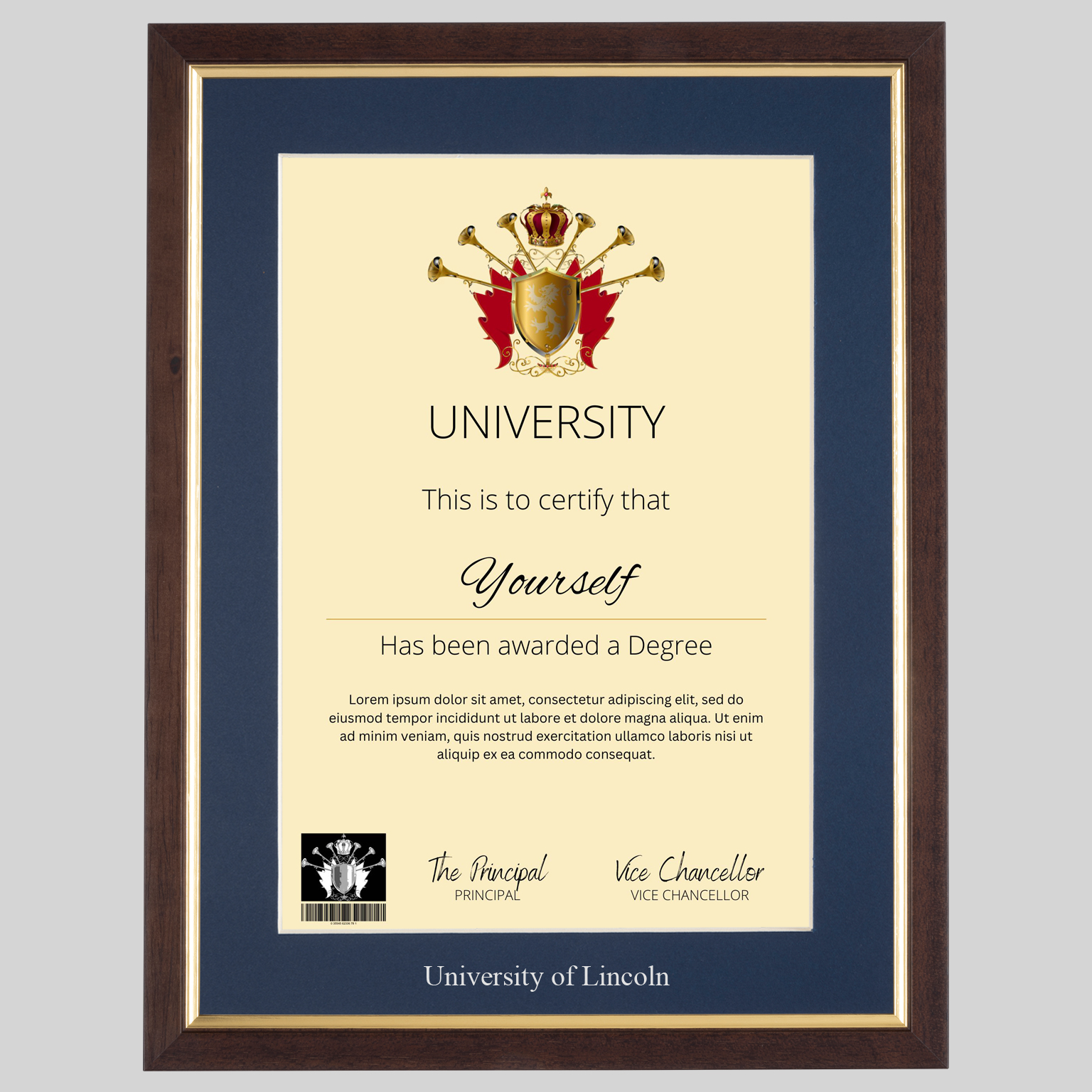 University of Lincoln A4 graduation certificate Frame in Teak and Gold