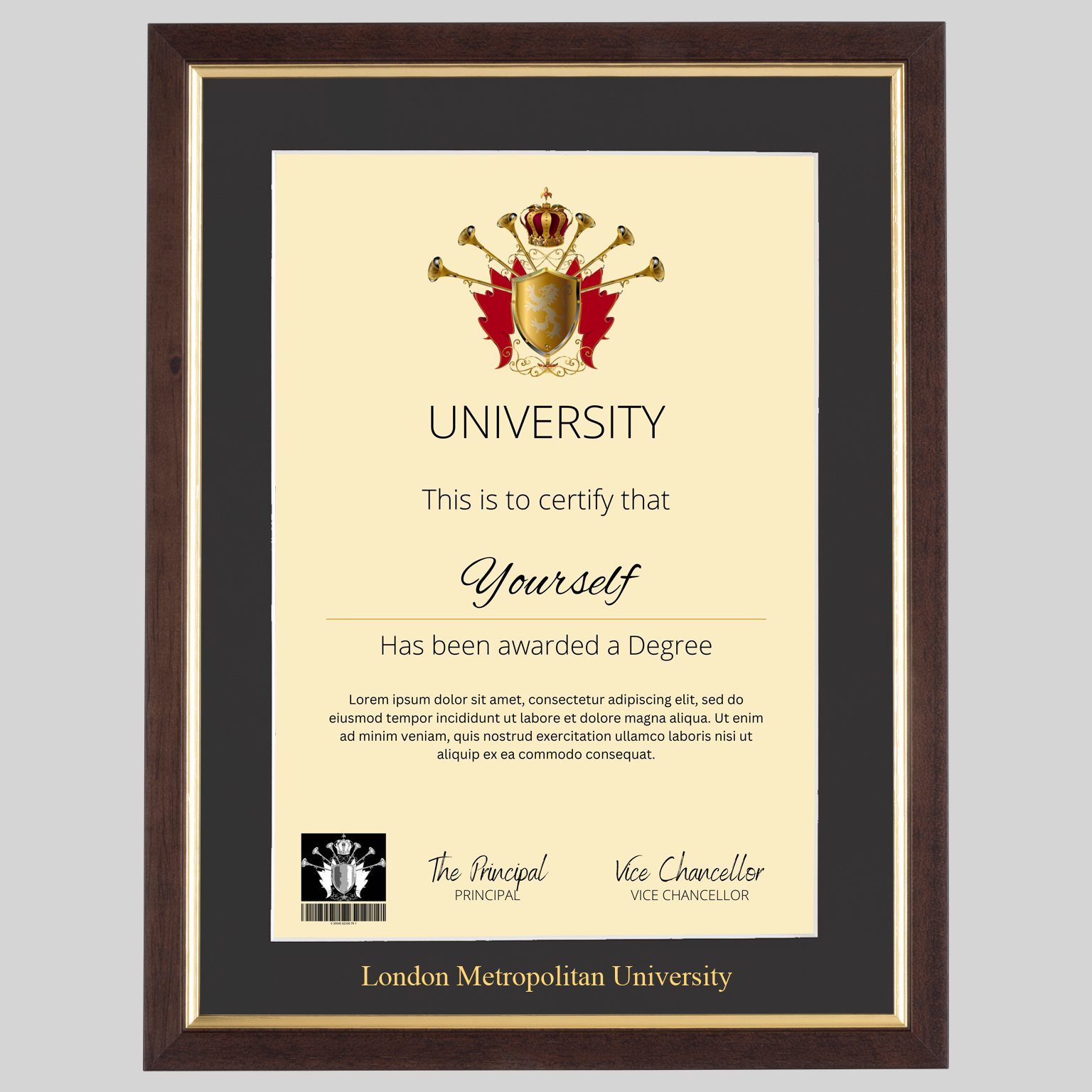 London Metropolitan University A4 graduation certificate Frame in Teak and Gold