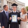 Open University certificate frame being handed over by family