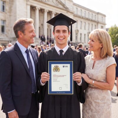Open University certificate frame being handed over by family