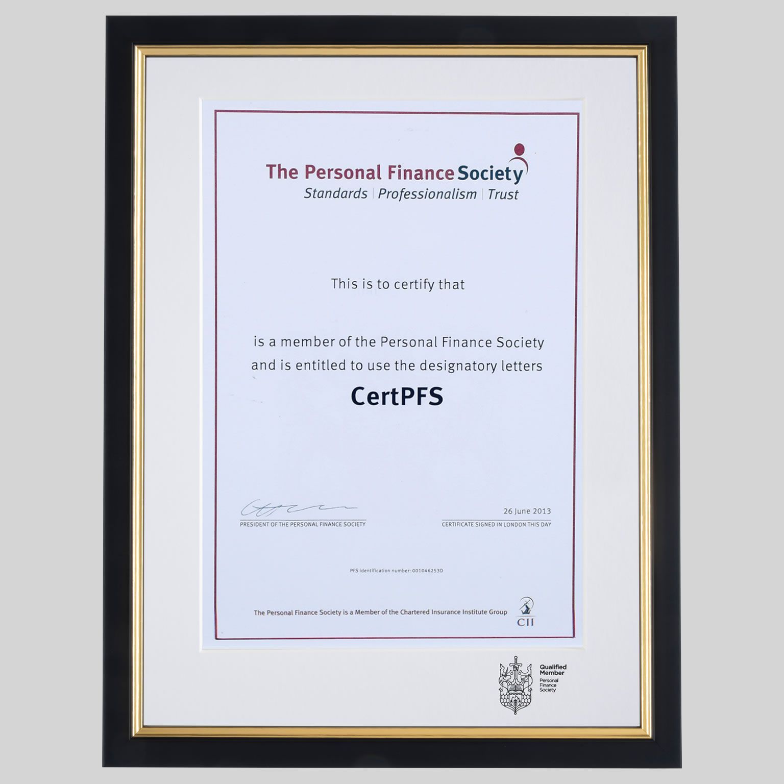 Personal Finance Society certificate frame - Classic Black and Gold