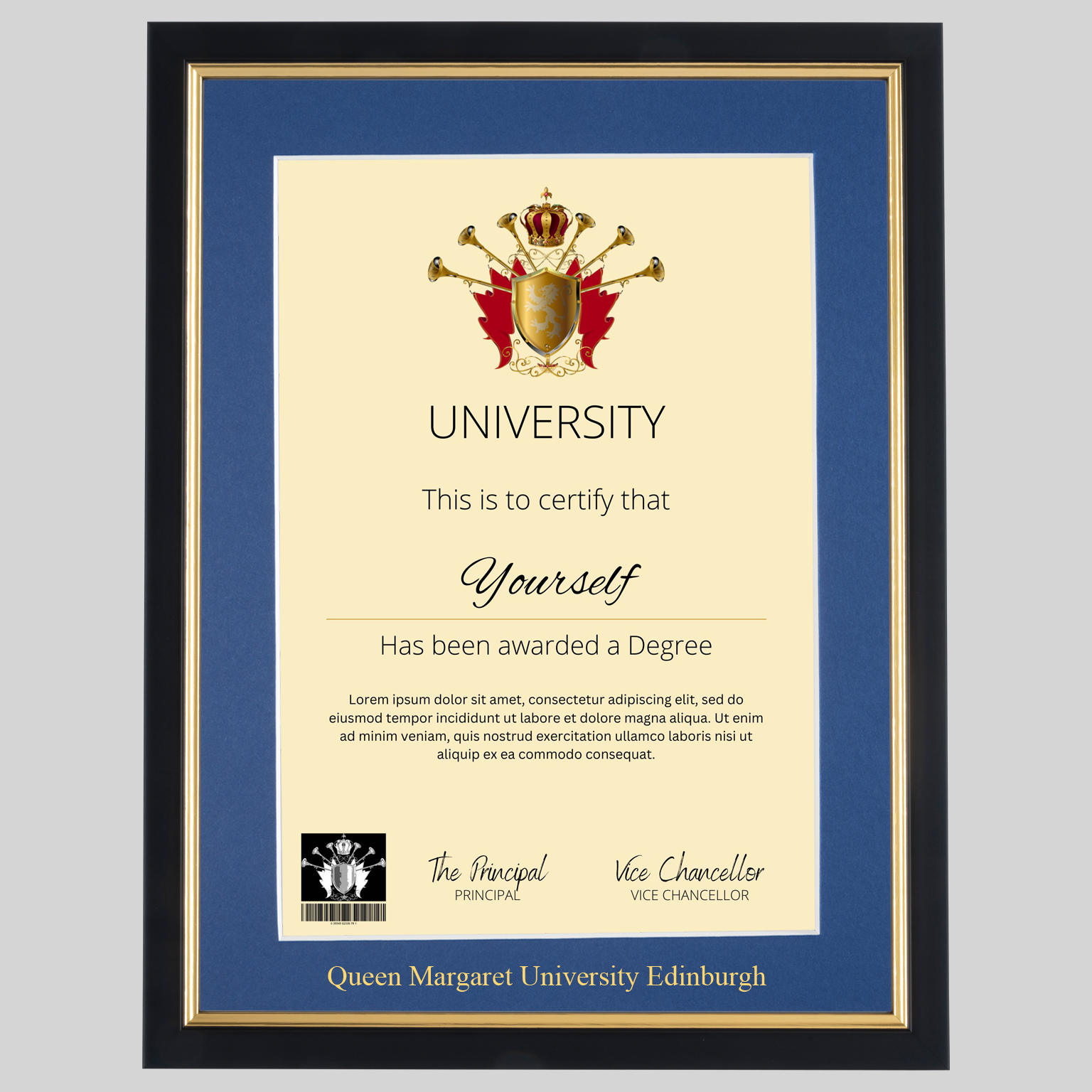 qumarged-bg-1536x1536 Queen Margaret University Edinburgh A4 graduation certificate Frame in Black and Gold