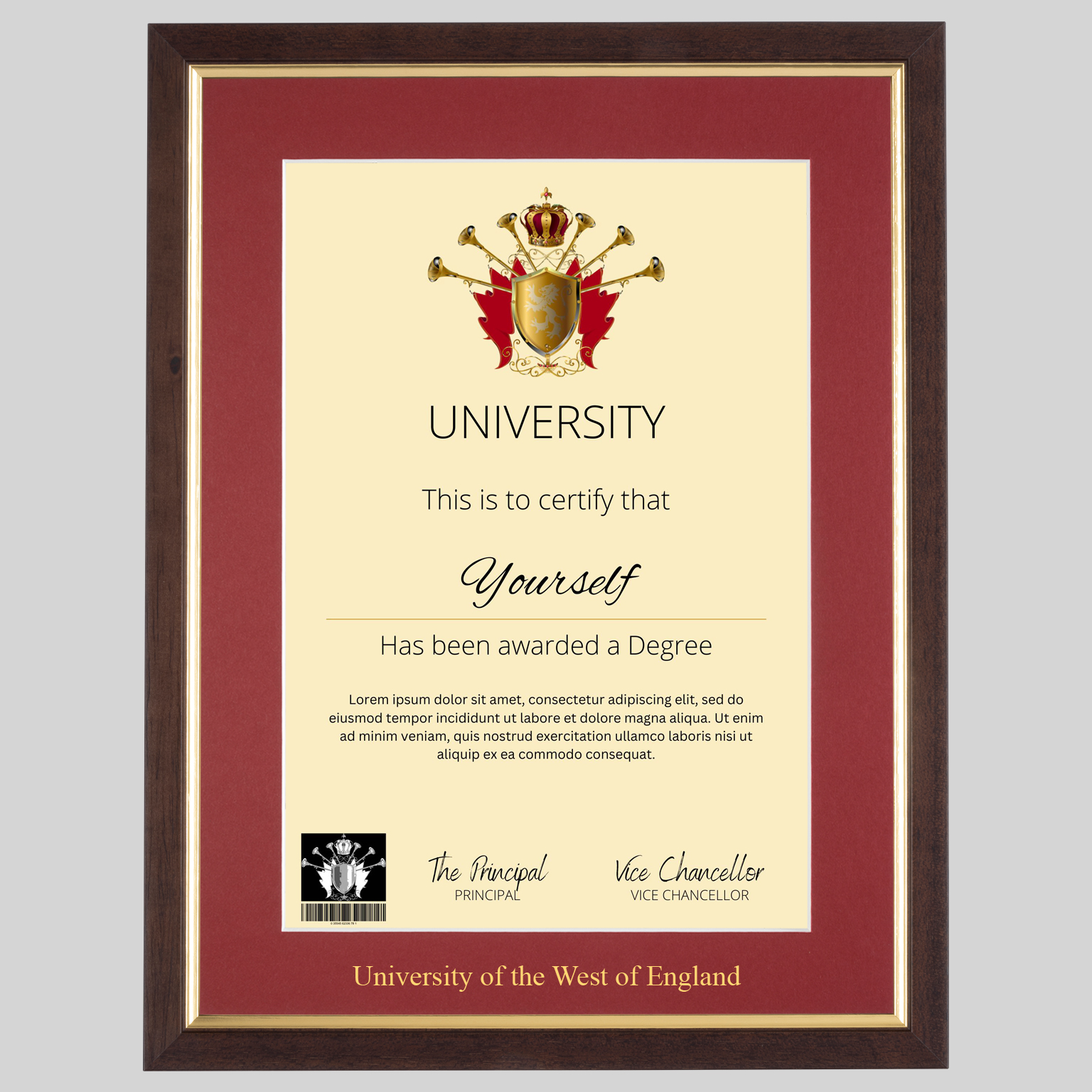 westeng-tg-1536x1536 University of the West of England A4 graduation certificate Frame in Teak and Gold