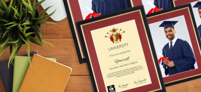 University graduation gift ideas for him — framed degree certificate on a desk