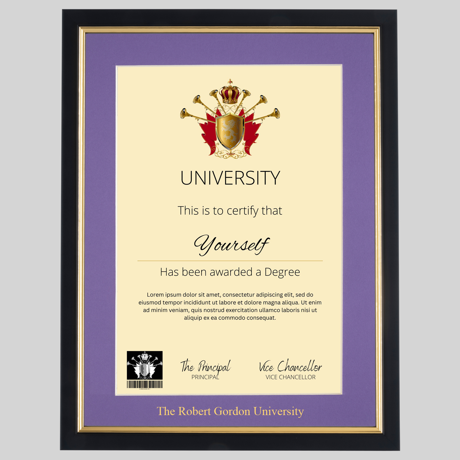 The Robert Gordon University A4 graduation certificate Frame in Black and Gold